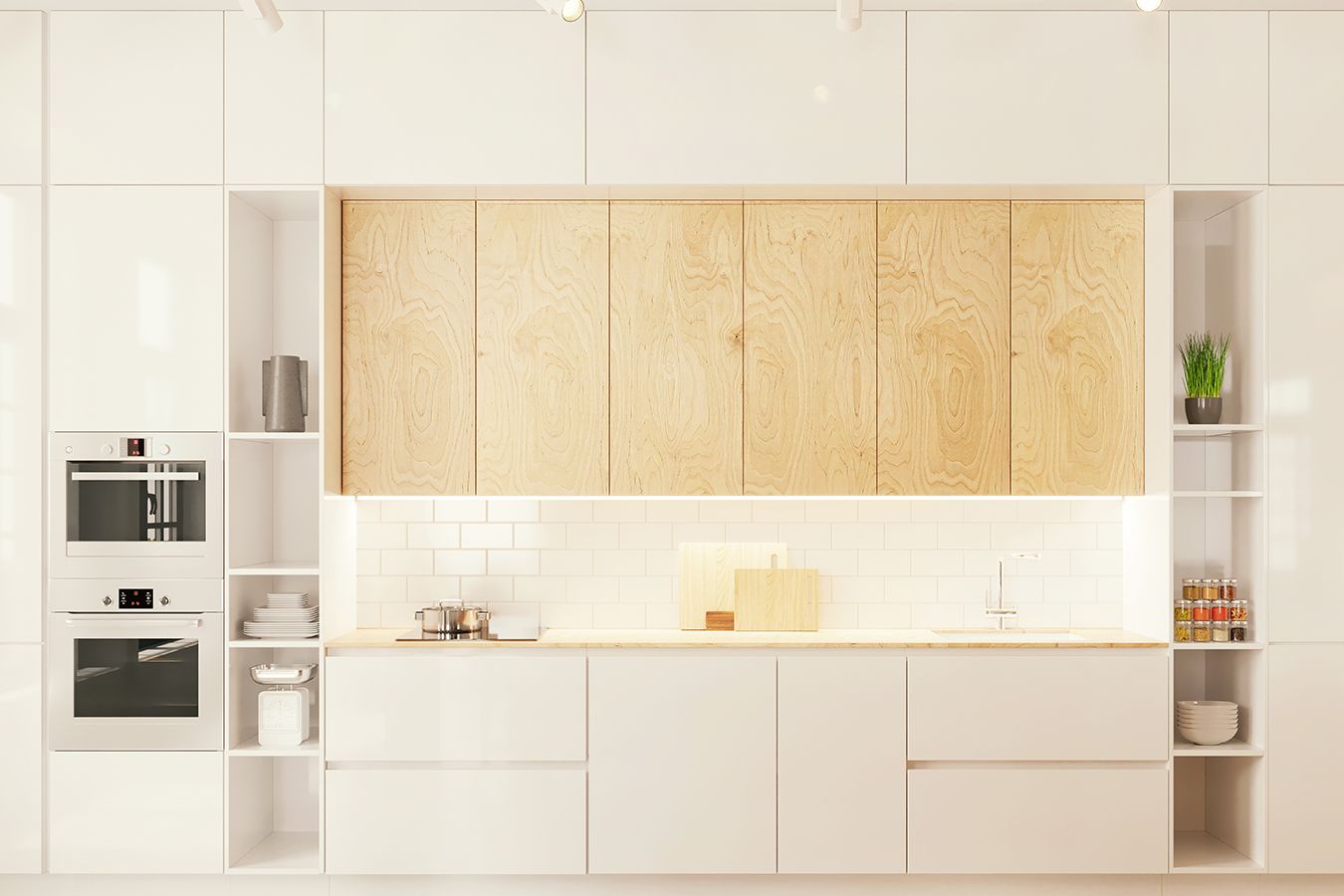 Cucina moderna bianca con mobili in legno chiaro, forno a incasso e ripiani minimalisti.