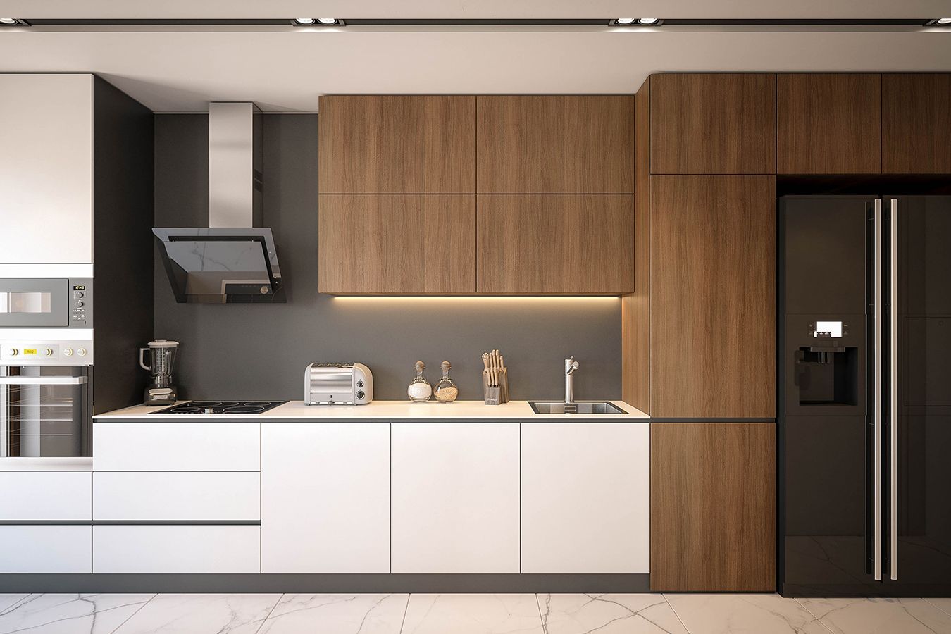 Cucina moderna con mobili bianchi, dettagli in legno, forno a incasso e frigorifero nero a doppia porta.