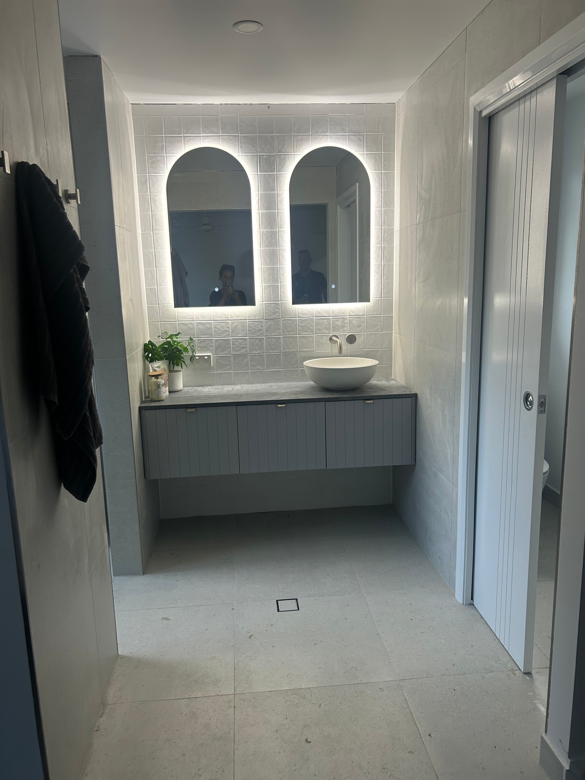 Newly Renovated Bathroom With Arch Mirrors - Reed Plumbing Industries in Mackay, QLD