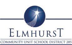 The elmhurst community unit school district logo is a blue circle with a star in the middle.