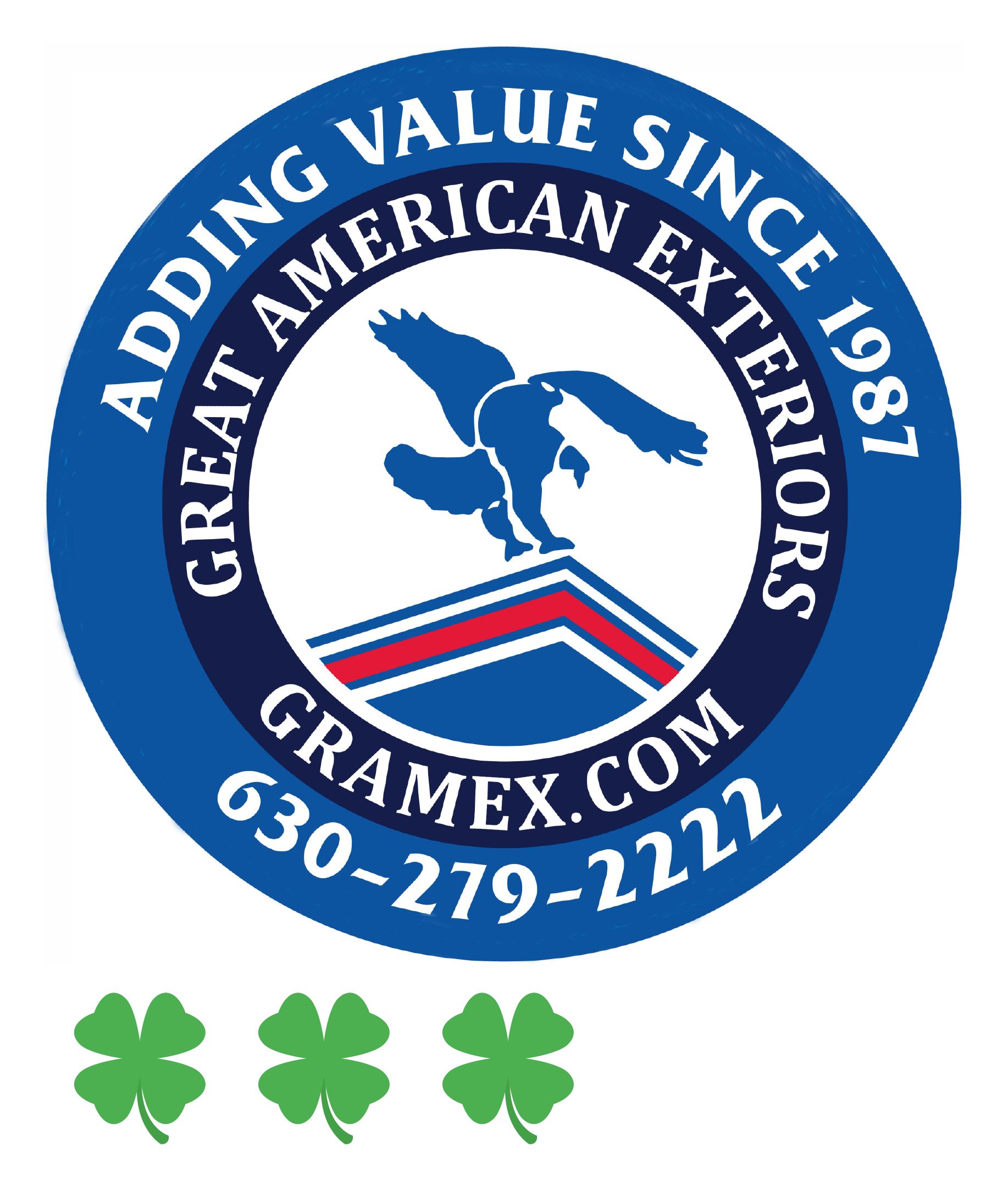The logo for great american exteriors shows an eagle on top of a building