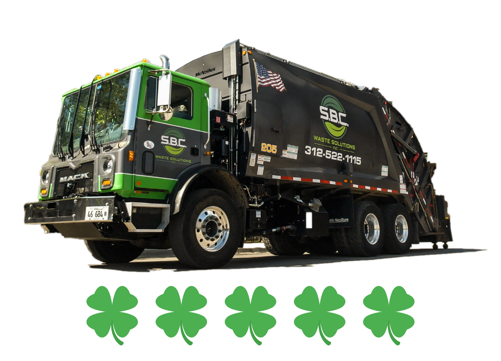 A black and green garbage truck with sbc written on the side