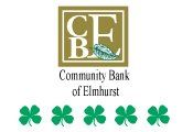 A logo for the community bank of elmhurst with green shamrocks.