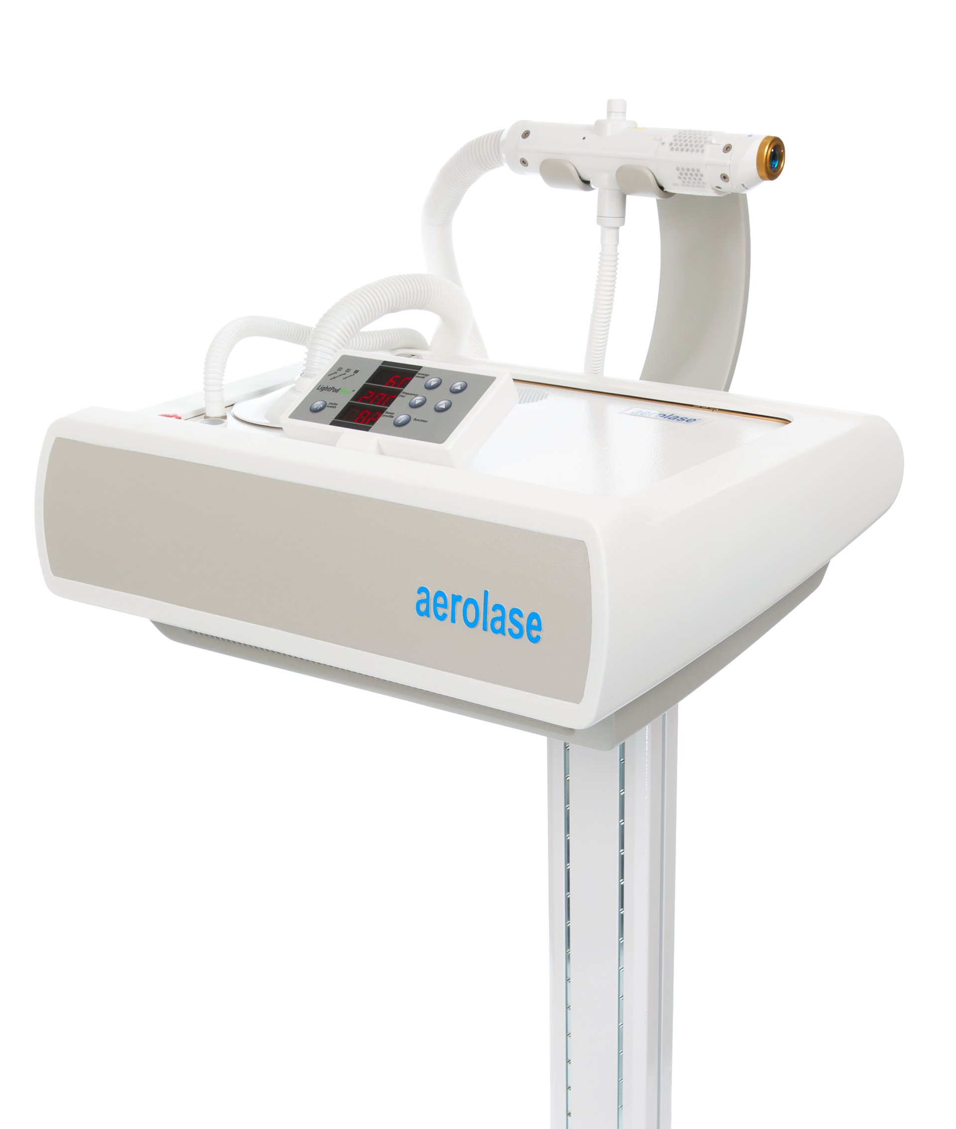 Aerolase laser machine on a white stand. It has a white console and a handpiece for treatments.