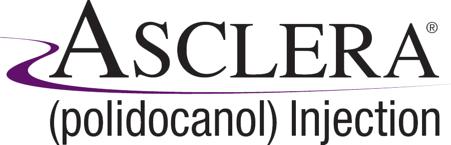 ASCLERA (polidocanol) Injection logo in black text, with a purple curved line element.