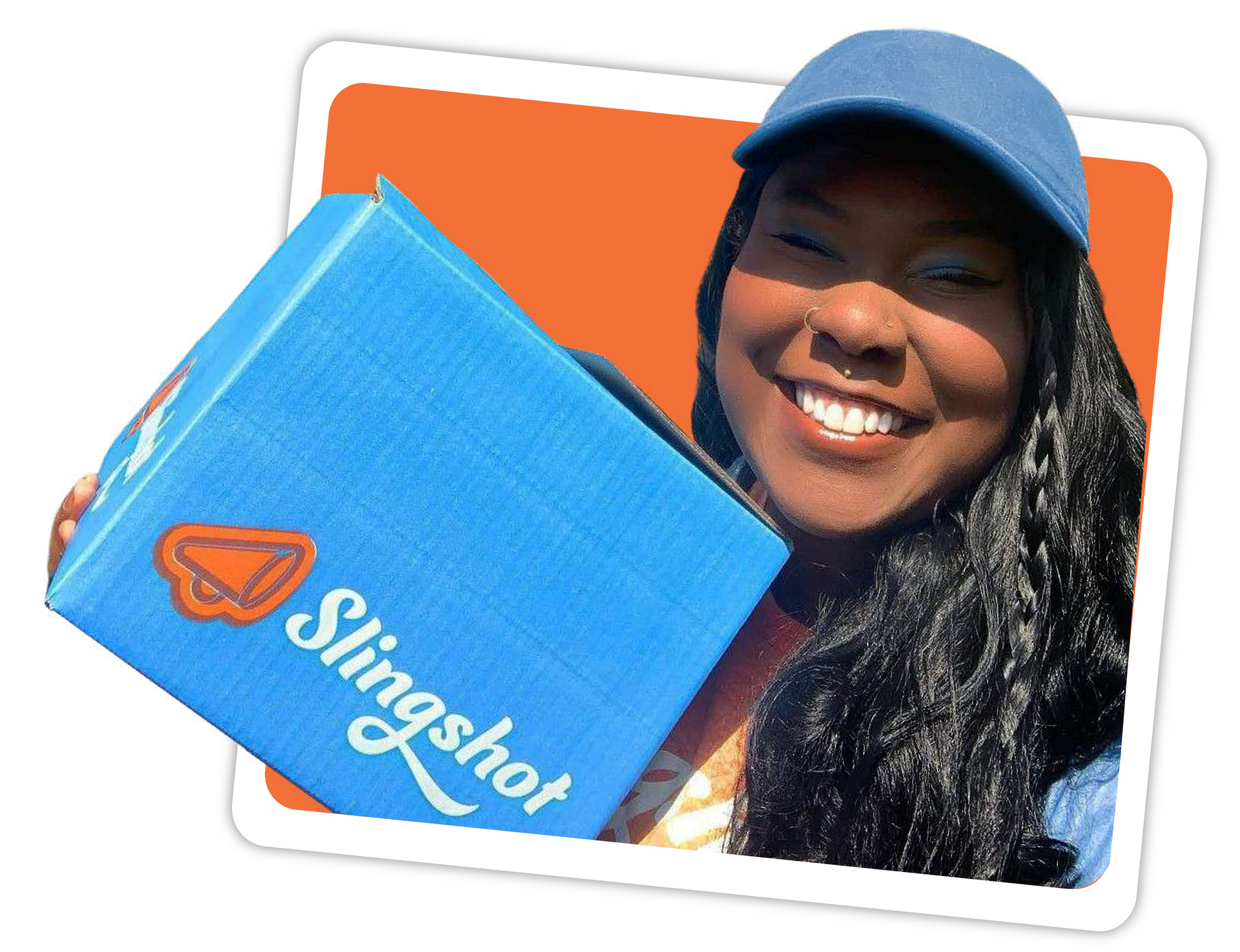 a woman holding a blue box that says slingshot on it