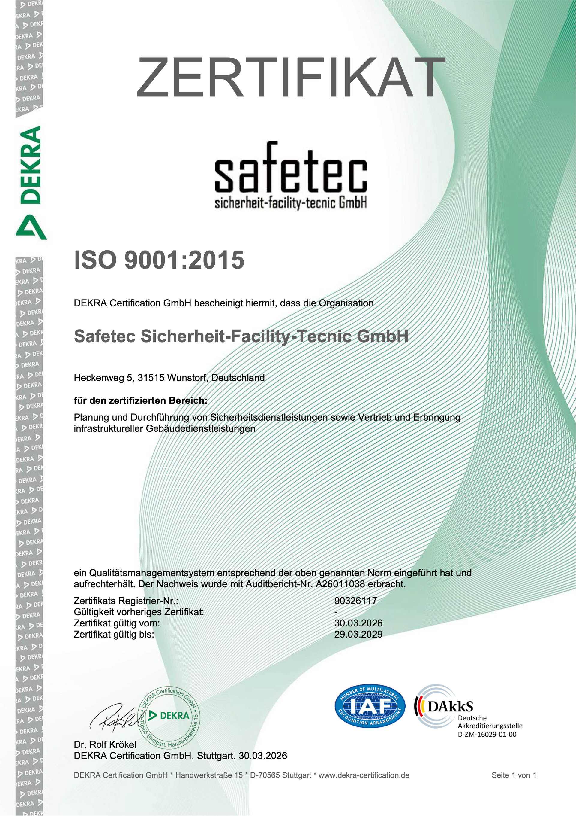 Safetec ISO 9001:2015-Zertifikat mit grünem Musterrand und DEKRA-Logo
