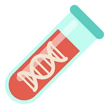 Tilted test tube with red liquid and DNA helix illustration