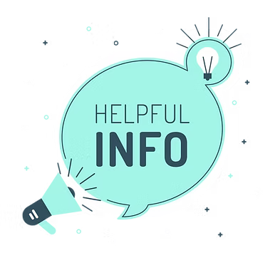 Mint speech bubble with “HELPFUL INFO” and icons of a light bulb and megaphone.