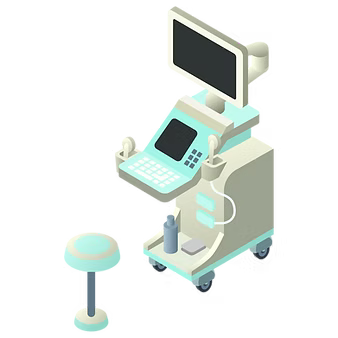 Isometric medical cart with monitor and controls beside a small stool