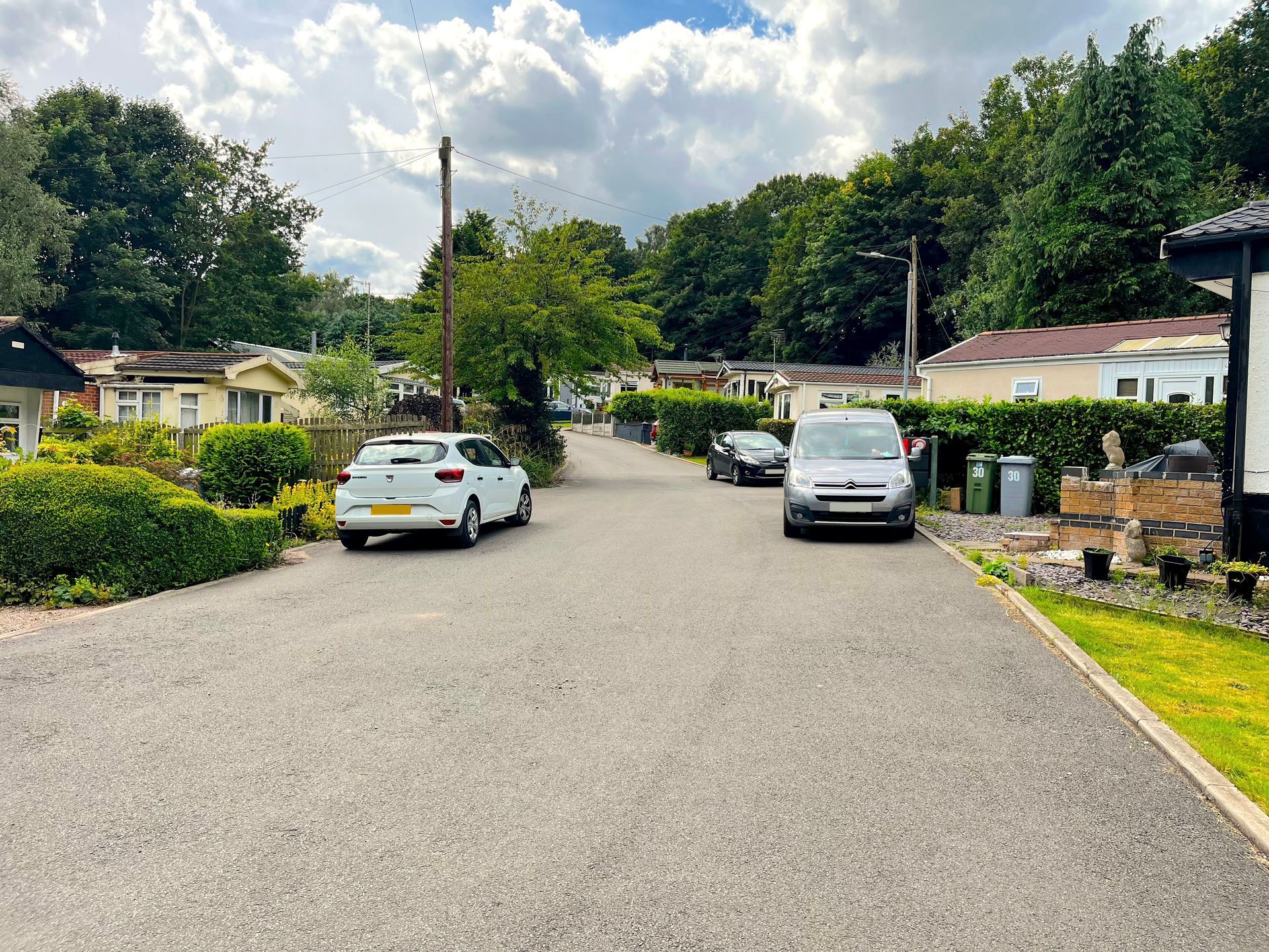 A row of cars are parked on the side of a road in a residential area.