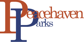 The logo for peacehaven parks is red and blue