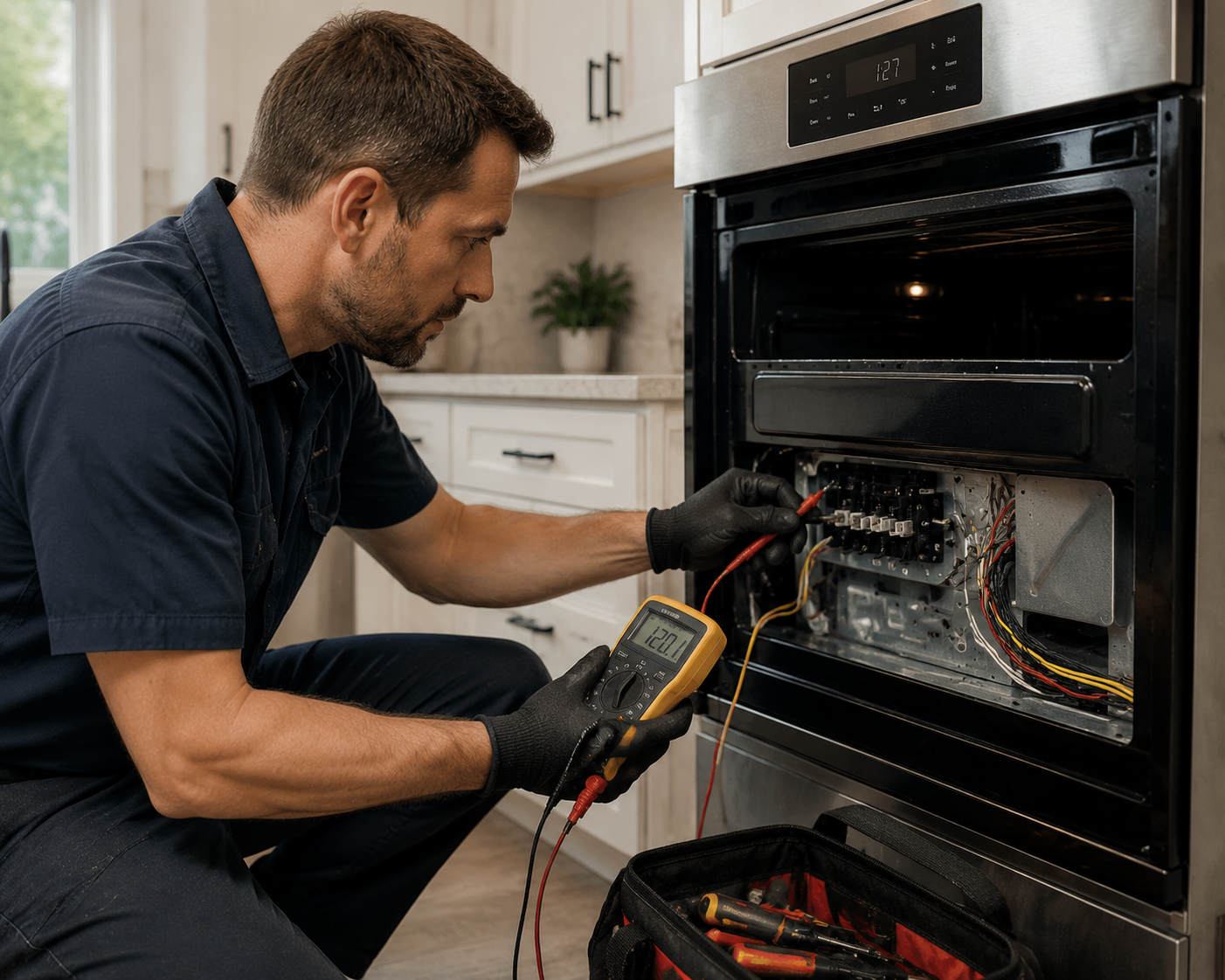 professional oven repair technician diagnosing appliance problem