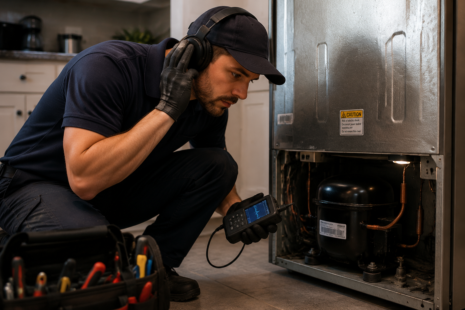 fridge noise diagnosis refrigerator repair technician checking compressor