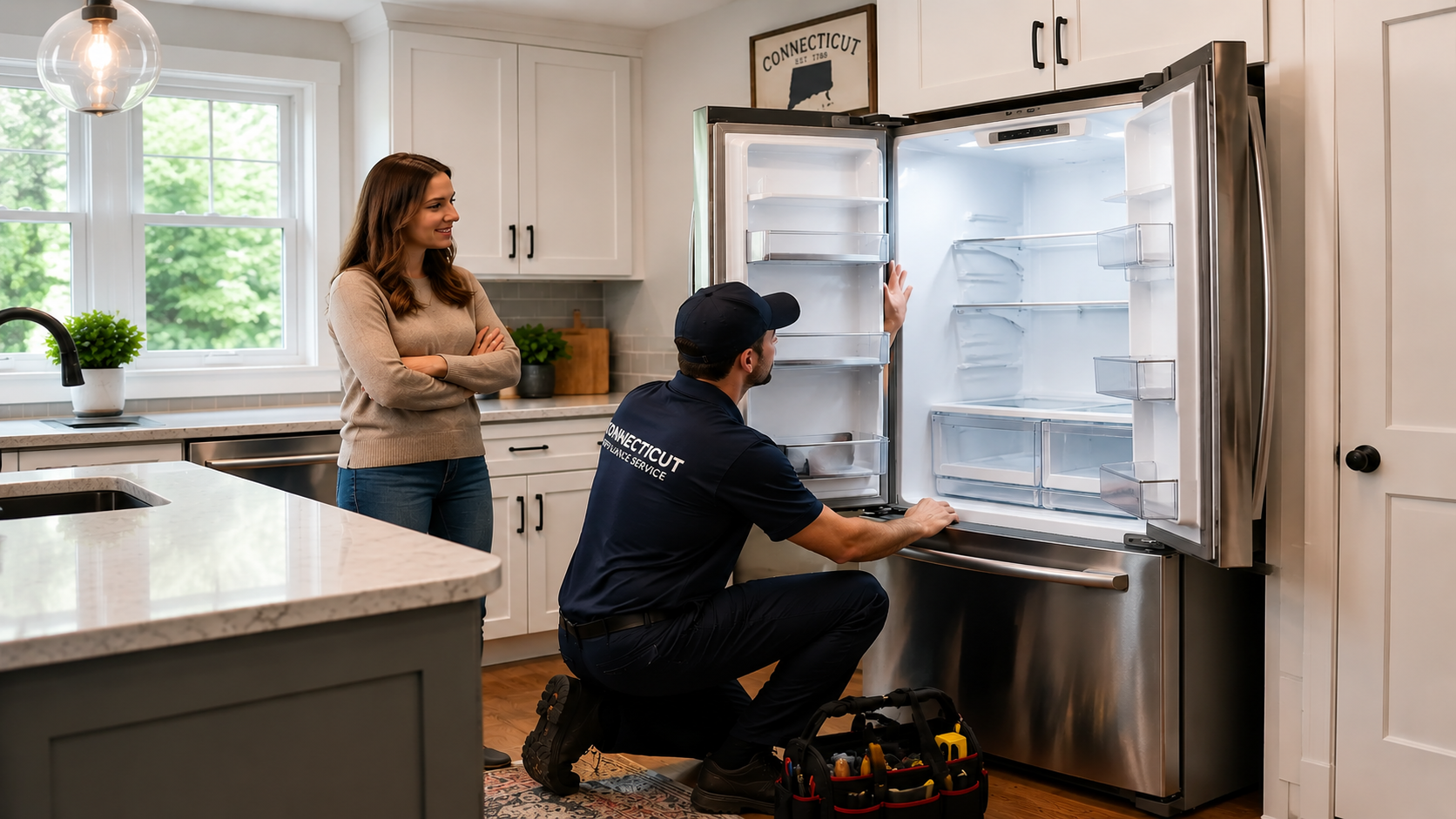 refrigerator repair technician inspecting fridge in Connecticut kitchen