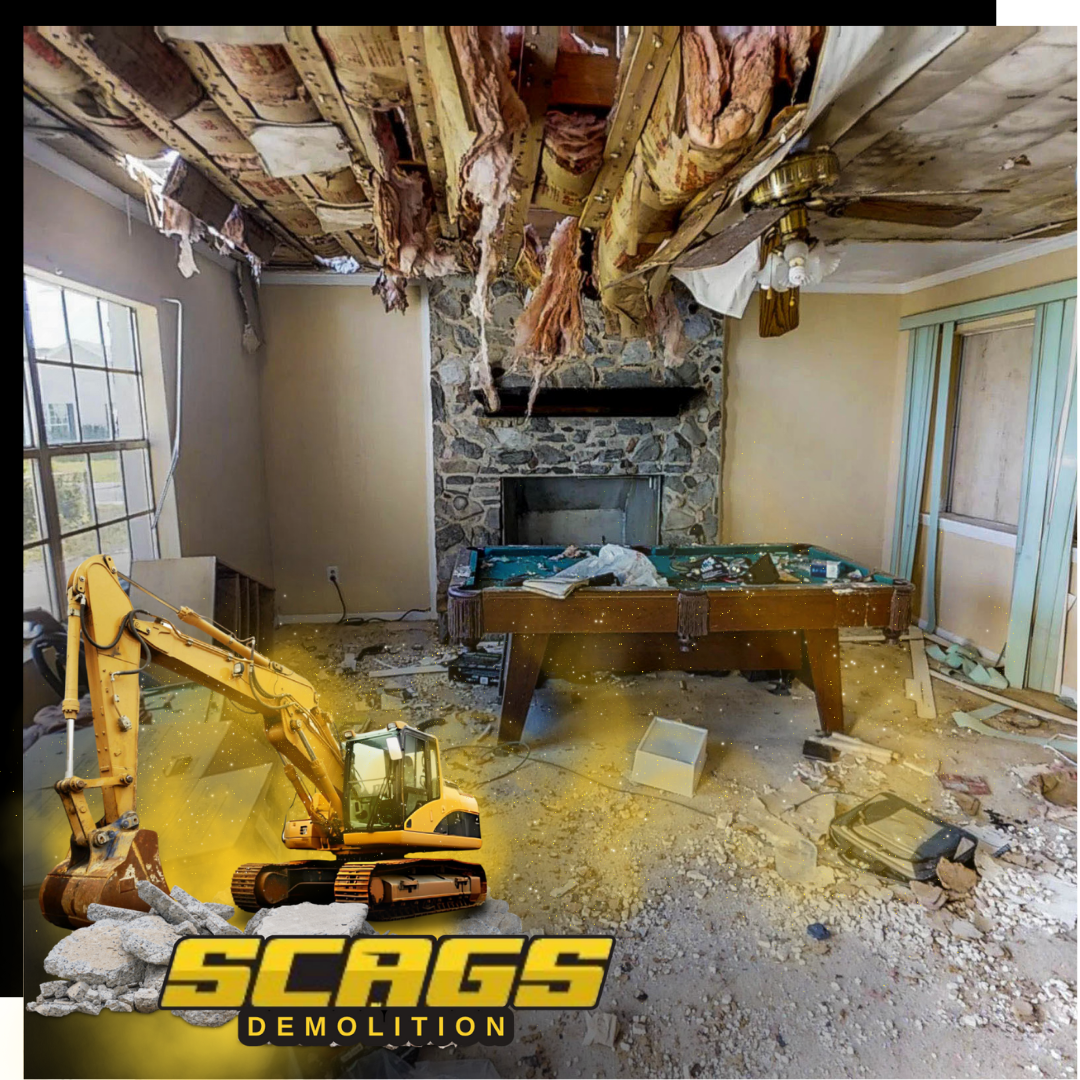 A demolished interior with scags excavator