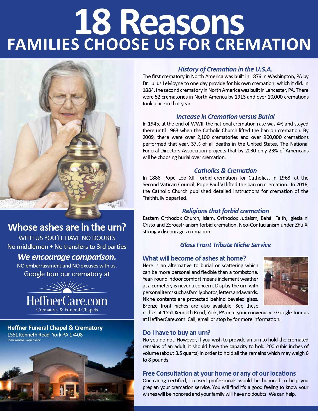 Flyer titled “18 Reasons Families Choose Us for Cremation” with urns, funeral home, and informational text