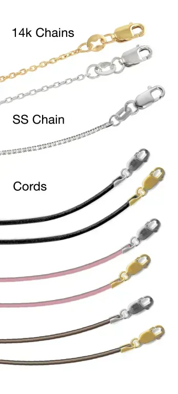 Gold and silver chain options with black and pink cords, each ending in a clasp.