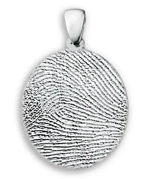 Silver oval pendant with a fingerprint pattern and bail at the top