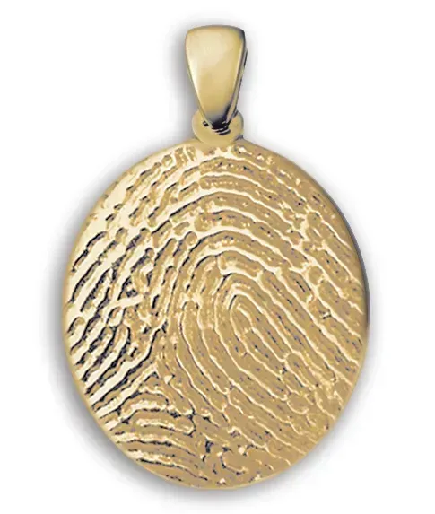 Gold oval pendant with a fingerprint pattern and bail at the top