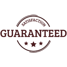 Brown “Satisfaction Guaranteed” badge with stars and curved lines