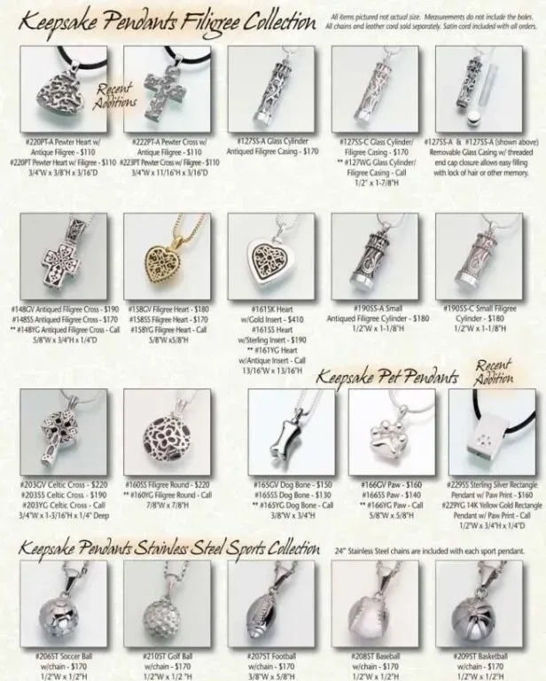 Jewelry catalog collage of silver and gold pendant necklaces on white backgrounds