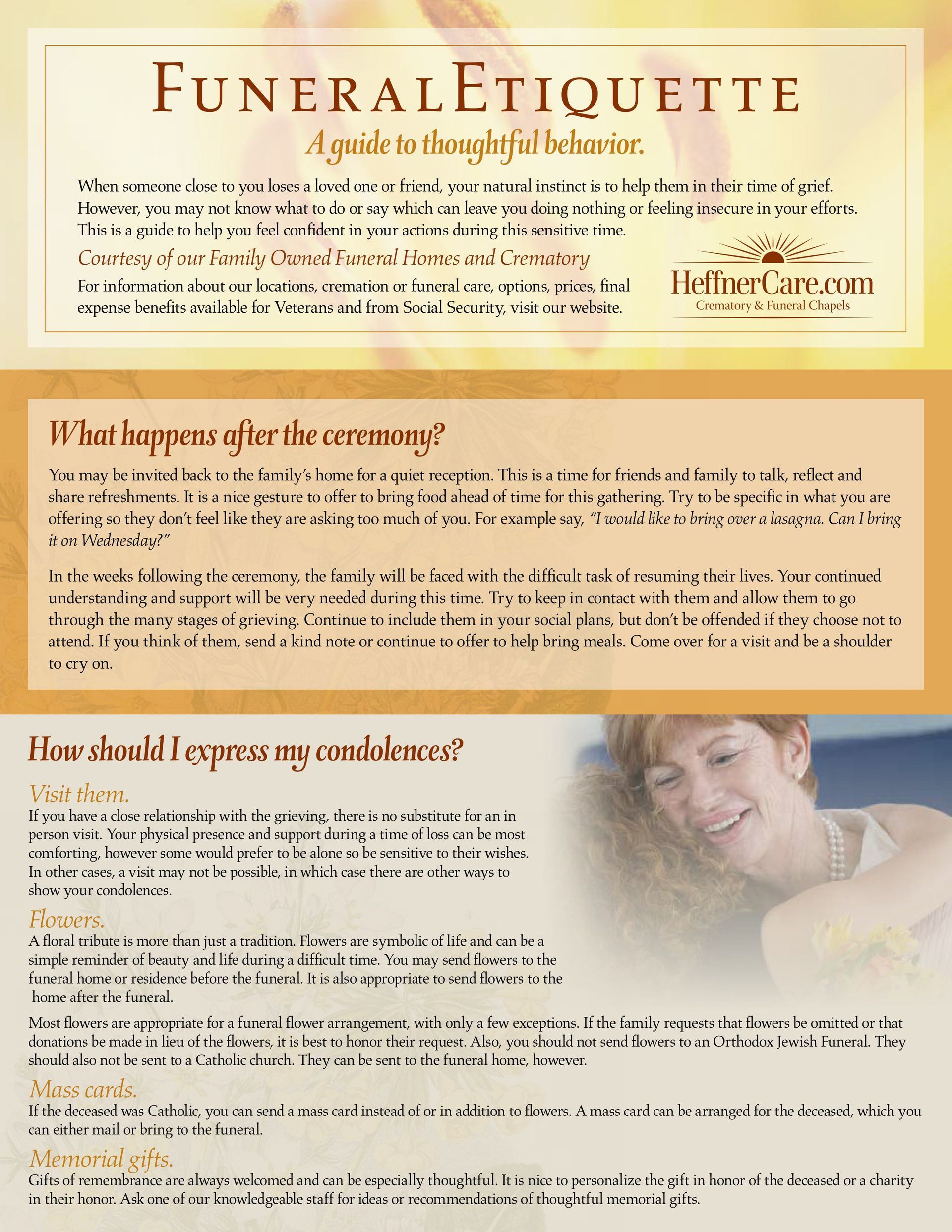 Funeral etiquette brochure with beige and blue sections and a smiling woman on the right