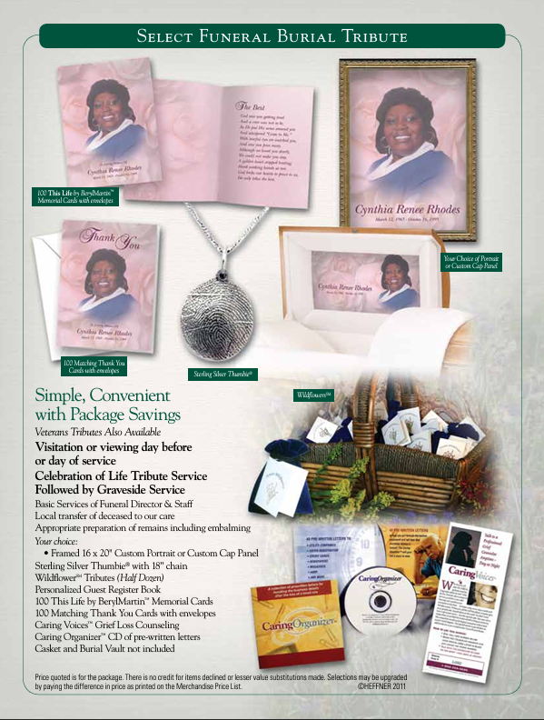 Green brochure advertising funeral jewelry, with necklaces, keepsakes, and memorial cards on a gray background