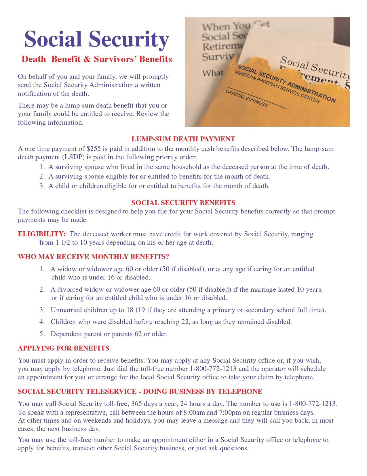 Social Security brochure with headlines and bullet points, shown beside a Social Security card booklet.