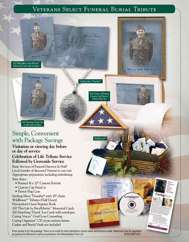 Vintage blue funeral tribute collage with framed portraits, flag-folded urn, and memorial keepsakes