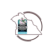 California-shaped “2023 Choice Awards Winner” badge with floral bouquet and circular brown outline