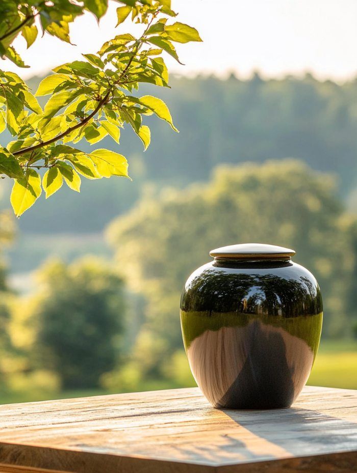 Glossy black ceramic urn on wooden table outdoors with soft sunlight and green landscape, Dallastown, PA Cremation Services