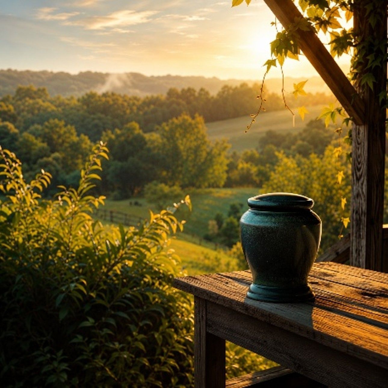 Cremation Services York, PA urn on a wooden table overlooking peaceful countryside at sunset