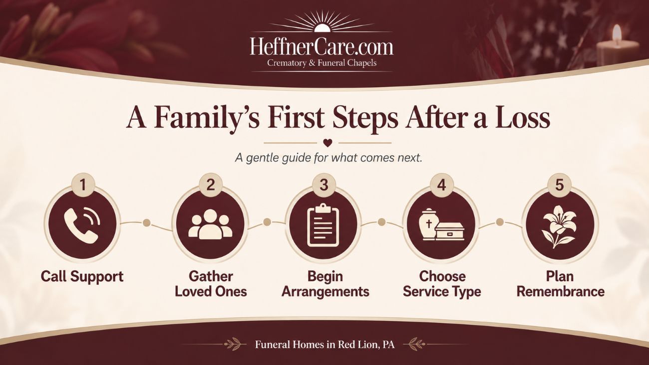 Funeral Homes in Red Lion, PA infographic showing first steps after a loss with five guided funeral planning actions