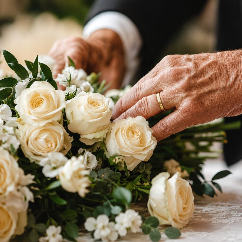 Funeral Services York, PA with caring hands arranging white roses and memorial flowers