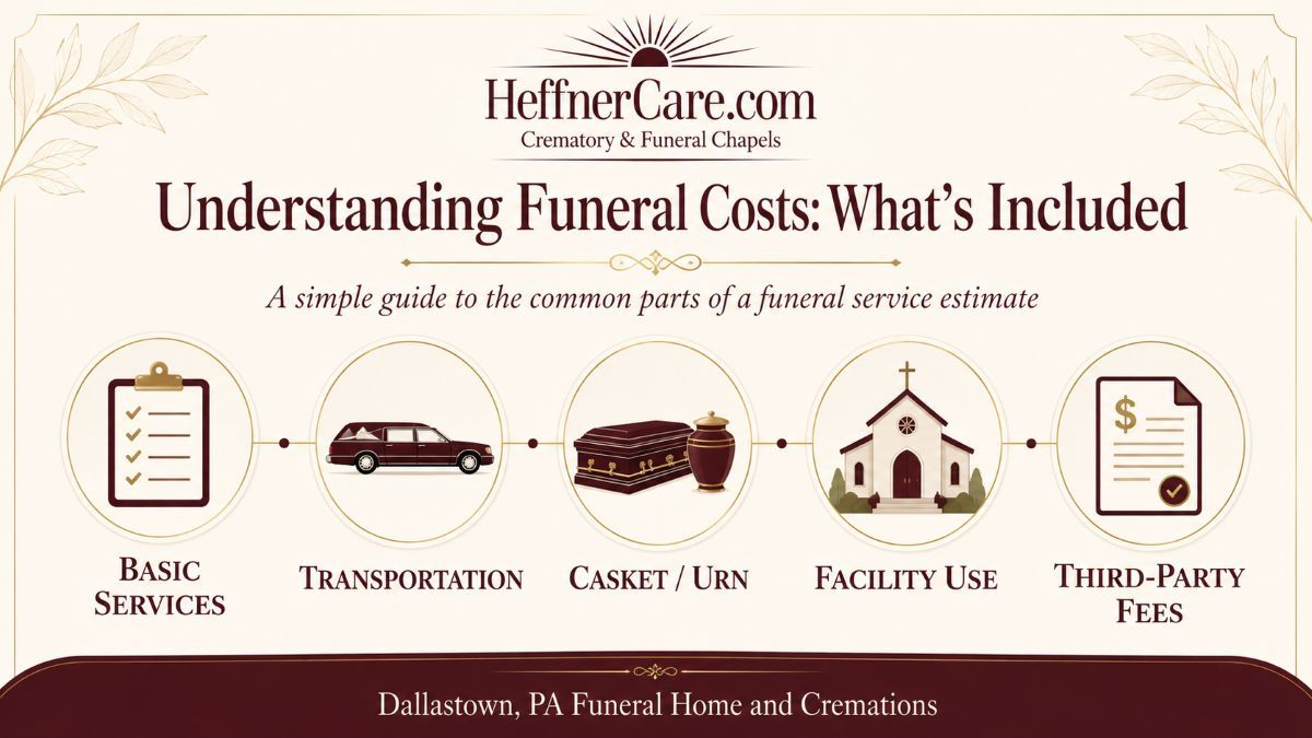 Infographic of funeral costs: basic services, transport, casket/urn, fees, Dallastown, PA Funeral Home and Cremations