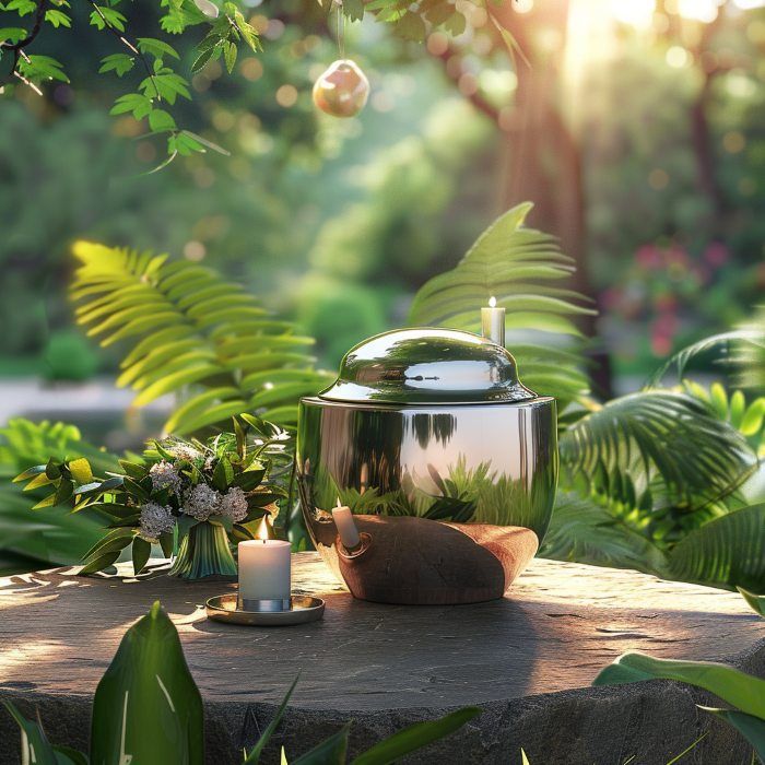 Polished metal urn with candle and floral tribute in tranquil garden setting, Cremation Services in Red Lion, PA