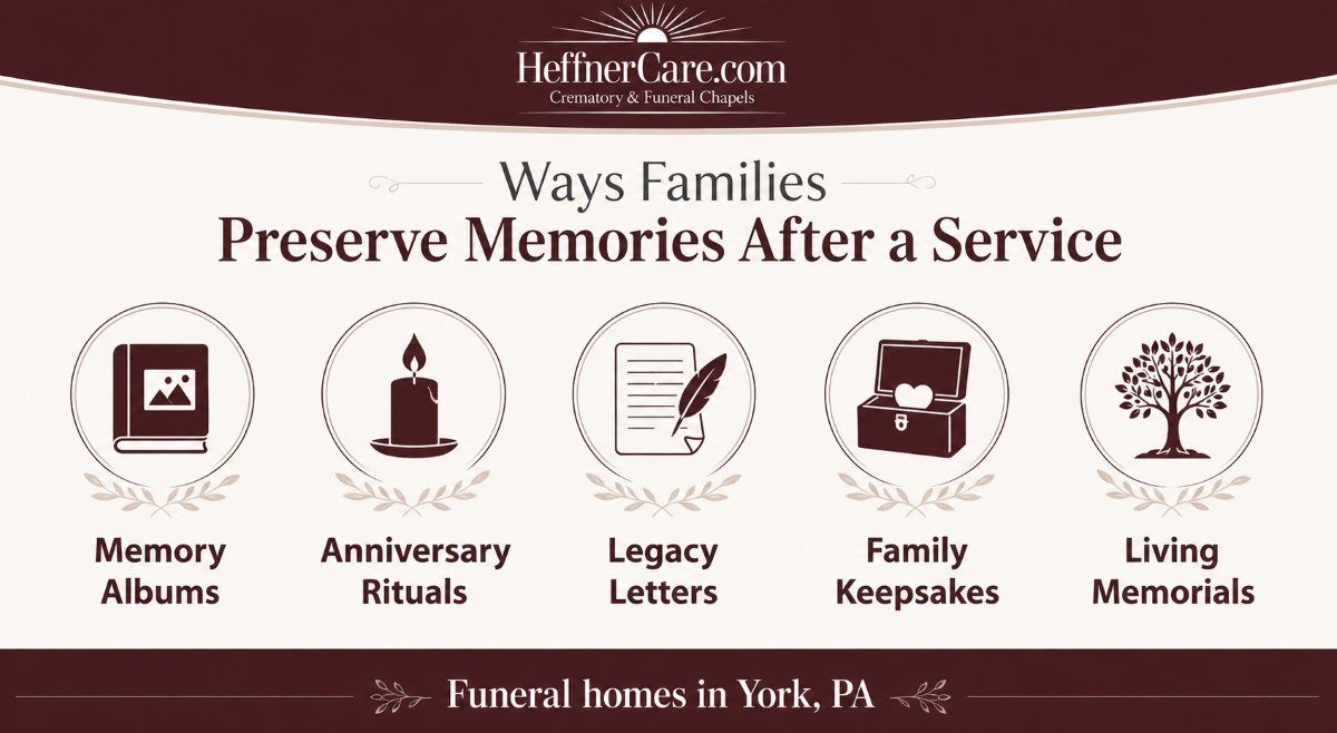 Ways to preserve memories infographic showing family keepsakes, legacy letters, and living memorials