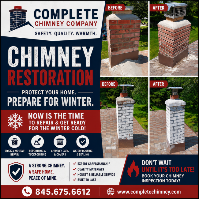 Chimney restoration ad with before-and-after chimney photos, winter prep message, and Complete Chimney Company branding