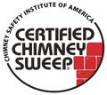 Certified Chimney Sweep badge with black text, red brick graphic, and Chimney Safety Institute of America seal