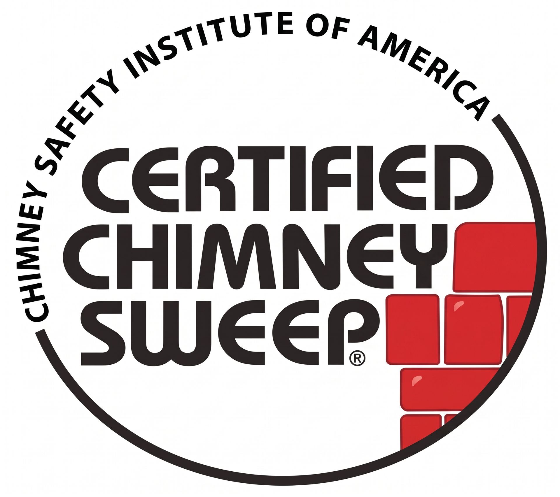 Certified Chimney Sweep badge with black text, red brick graphic, and Chimney Safety Institute of America seal