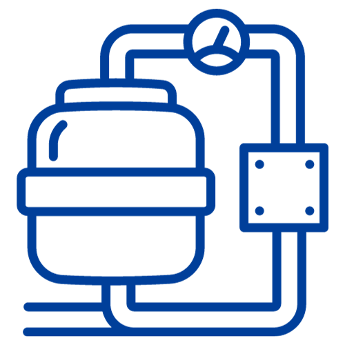A blue line drawing of a water pump with a pressure gauge attached to it.