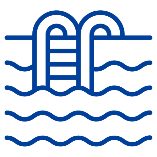 A blue line drawing of a swimming pool with stairs and waves.