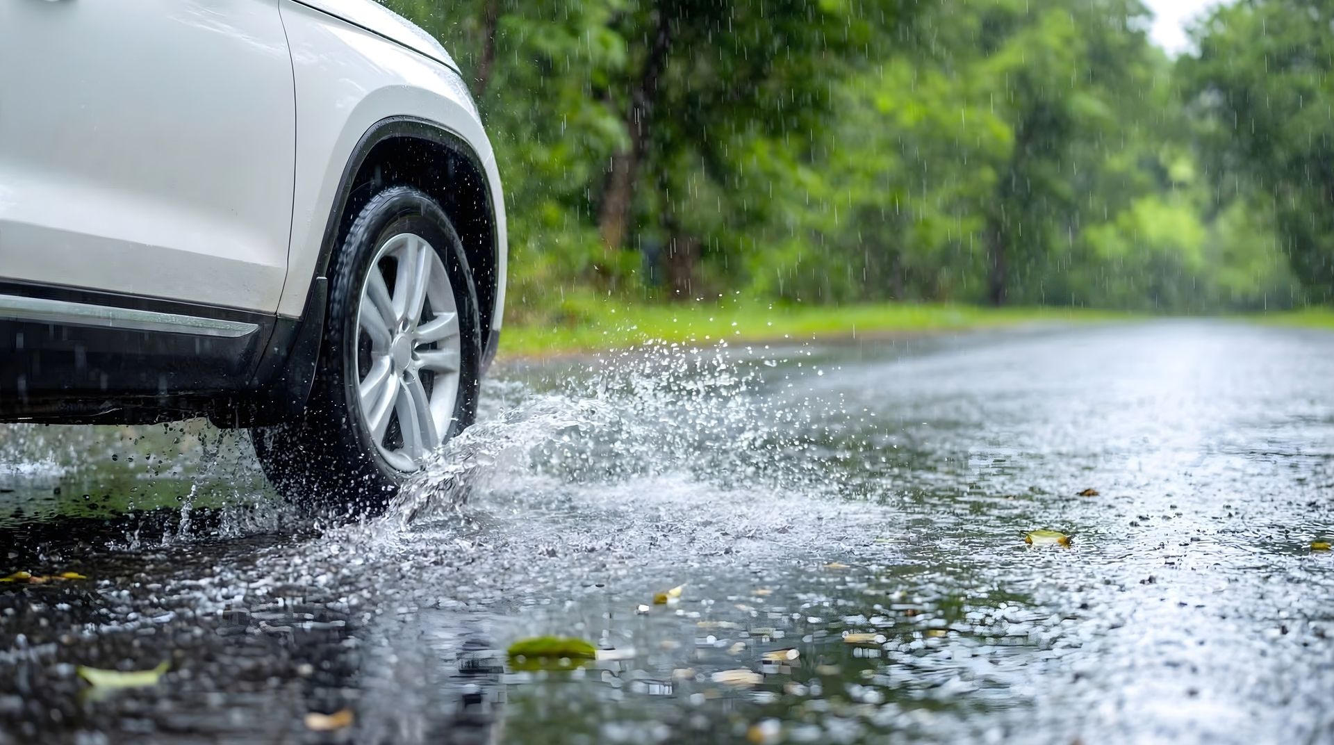 SUV tire driving through standing water on a wet road during heavy rain
