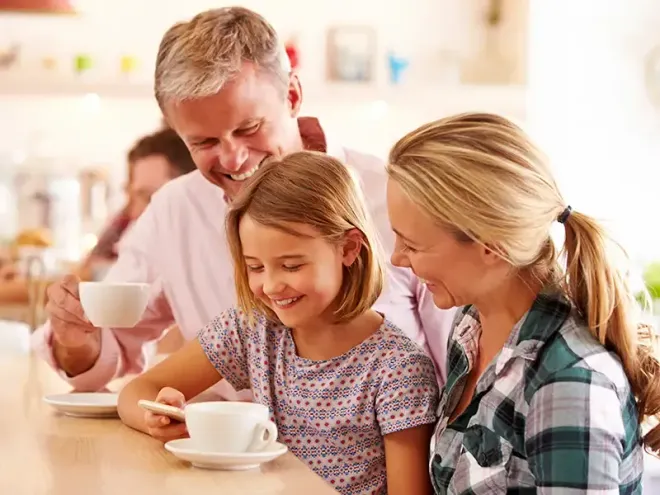Family having breakfast at a cafe in the Bella Terra Plaza