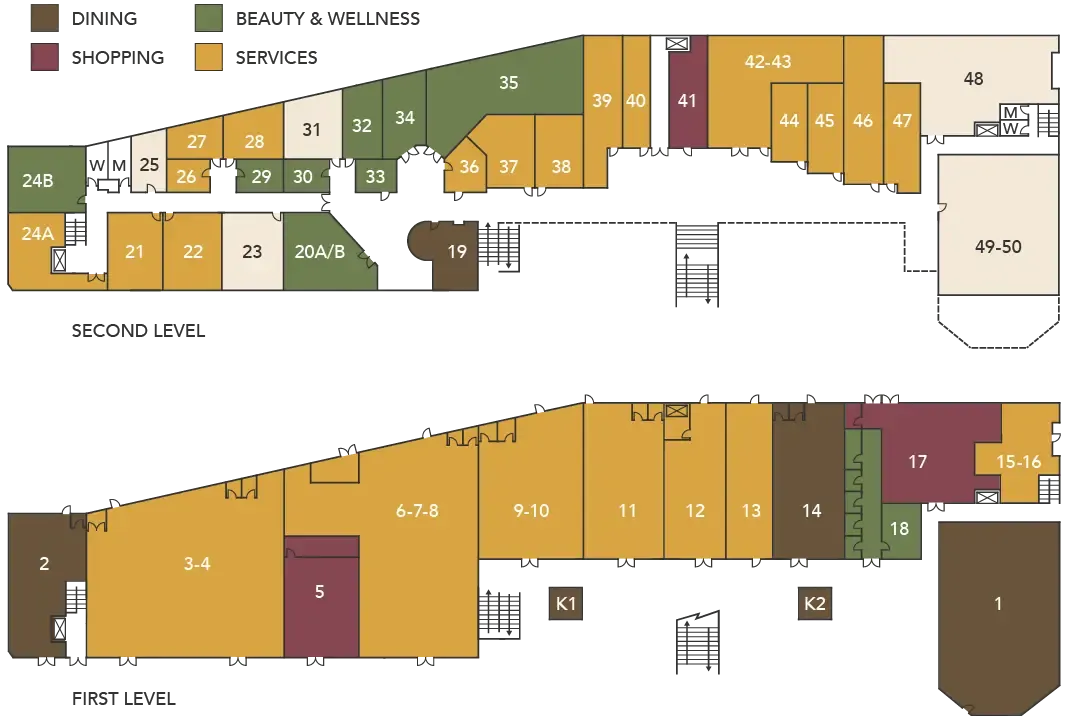 Color-coded Bella Terra Plaza Directory floor plan with labeled suites and a legend, showing two level layout.