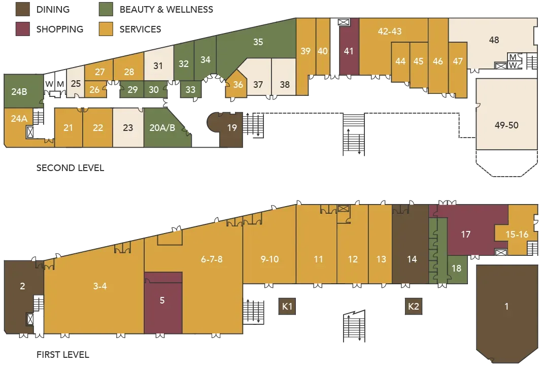 Color-coded Bella Terra Plaza Directory floor plan with labeled suites and a legend, showing two level layout.