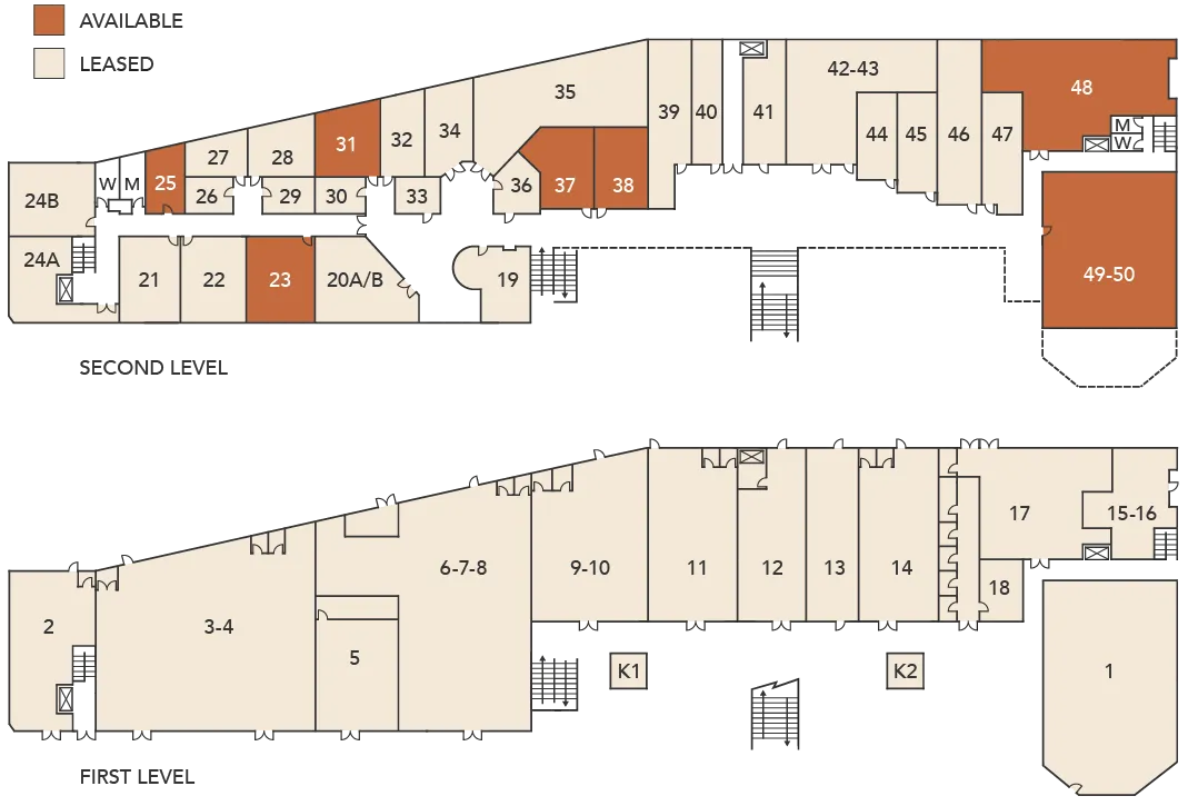 Bella Terra Plaza floor plan with numbered unit suites, and orange-highlighted areas showing available spaces for Lease.