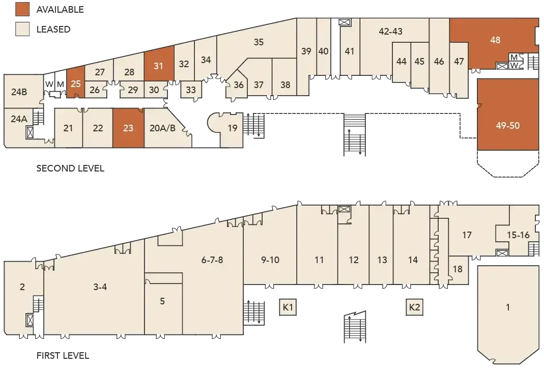 Bella Terra Plaza floor plan with numbered unit suites,  and orange-highlighted areas showing available spaces for Lease.