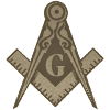Masonic square and compass emblem with a large “G” at the center, in brown and gold tones